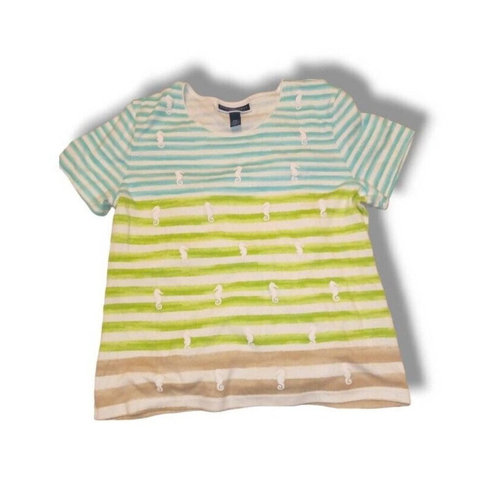 Karen Scott Petites Pxl Striped White Blue And Green Seahorse shirt Vintage 90s